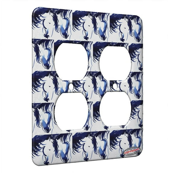 KuzmarK™ 2 Gang AC Outlet Wall Plate - Abstract Horses in Indigo Blue Horse Modern Art by Denise Every