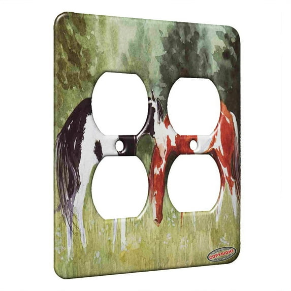 KuzmarK™ 2 Gang AC Outlet Wall Plate - Black and Chestnut Pintos with Pine Trees Horse Art by Denise Every