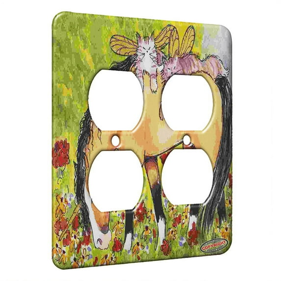 KuzmarK™ 2 Gang AC Outlet Wall Plate - Buckskin Unicorn and Tabby Maine Coon Kitty Fairies Fantasy Horse and Cat Art by Denise Every