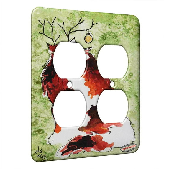 KuzmarK™ 2 Gang AC Outlet Wall Plate - Calico Maine Coon Reindeer Kitty Christmas Cat Art by Denise Every
