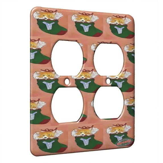 KuzmarK™ 2 Gang AC Outlet Wall Plate - Corgi Christmas Stocking JOY Set Y Dog Modern Art by Denise Every