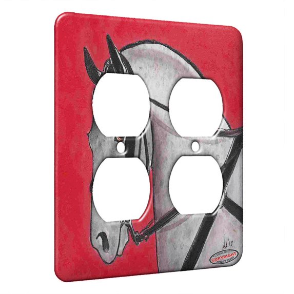 KuzmarK™ 2 Gang AC Outlet Wall Plate - Gray Percheron Draft Horse in Harness Horse Art by Denise Every