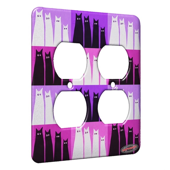 KuzmarK™ 2 Gang AC Outlet Wall Plate - Long and Tall Black Spooky Kitties Abstract Cat Pink Pattern Art by Denise Every
