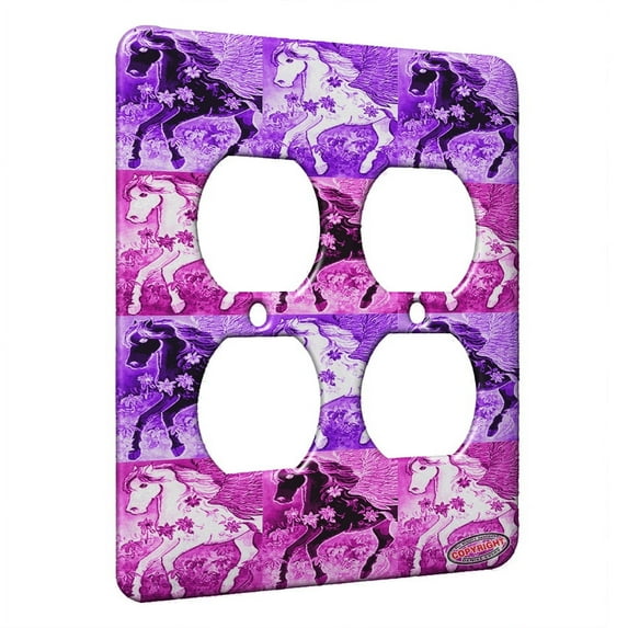 KuzmarK™ 2 Gang AC Outlet Wall Plate - Pegasus Filly with Wildflowers Fantasy Horse Pink Pattern Art by Denise Every