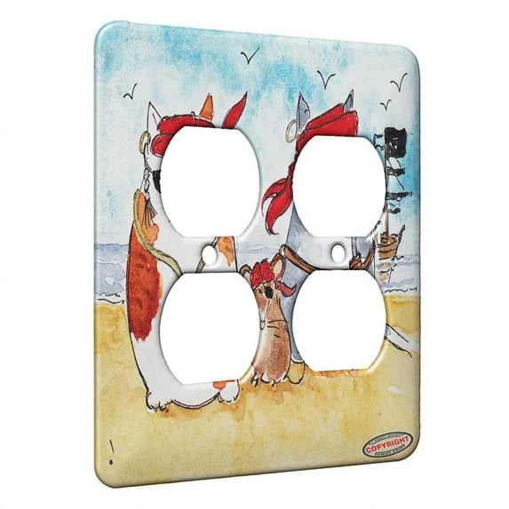 KuzmarK™ 2 Gang AC Outlet Wall Plate - Pirate Cats and Rat Art by Denise Every