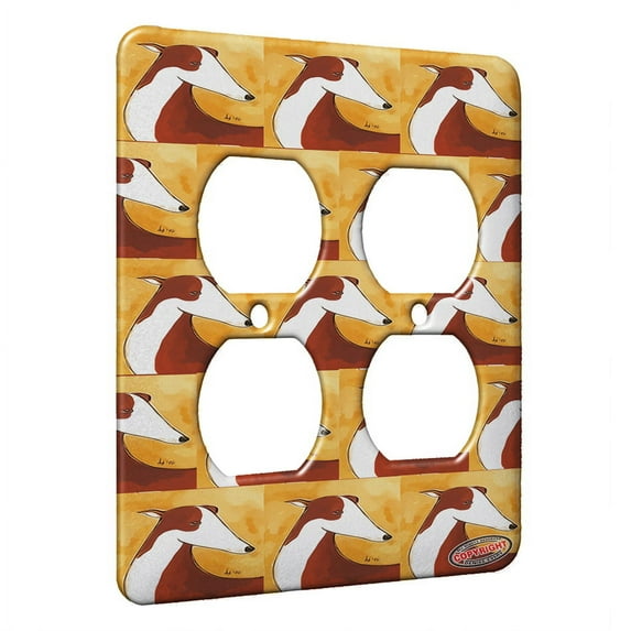 KuzmarK™ 2 Gang AC Outlet Wall Plate - Red Spotted Greyhound on Gold Abstract Dog Modern Art by Denise Every