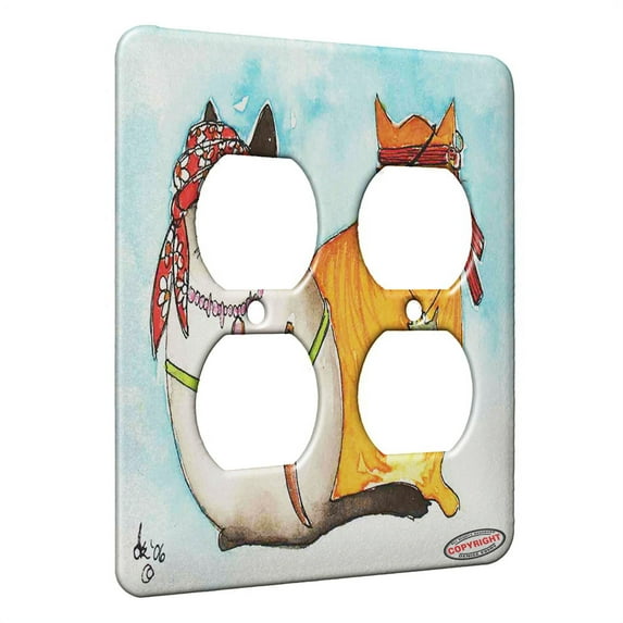 KuzmarK™ 2 Gang AC Outlet Wall Plate - Siamese and Tabby Pirate Kitties with Pirate Bling Cat Art by Denise Every