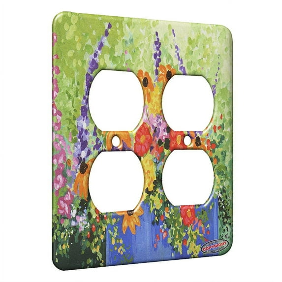 KuzmarK™ 2 Gang AC Outlet Wall Plate - Summer Flowers in Blue Pot Art by Denise Every