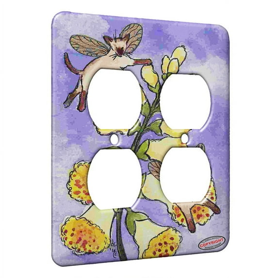 KuzmarK™ 2 Gang AC Outlet Wall Plate - Tiny Siamese Kitty Fairies with Foxglove Fantasy Fairy Cat Art by Denise Every