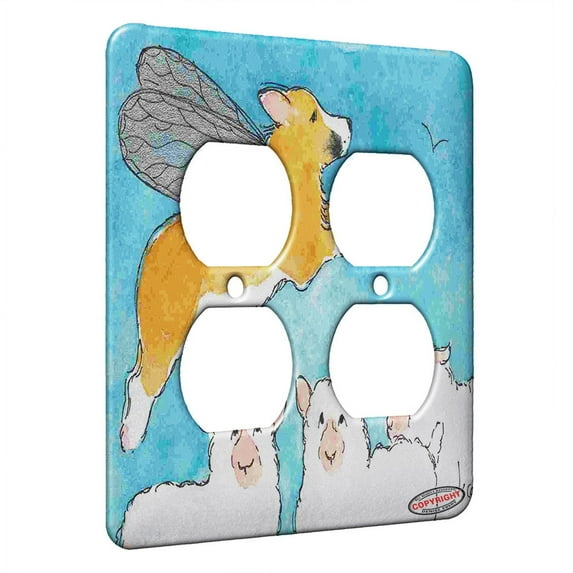 KuzmarK™ 2 Gang AC Outlet Wall Plate - Welsh Corgi Fairy Dog with Mystified Sheep Dog Art by Denise Every