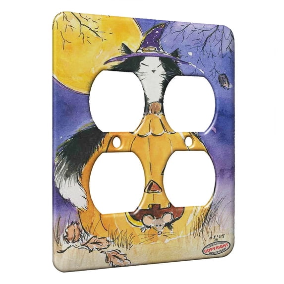 KuzmarK™ 2 Gang AC Outlet Wall Plate - Witchy Maine Coon Kitty with Jack O'Lantern and Mice Halloween Cat Art by Denise Every