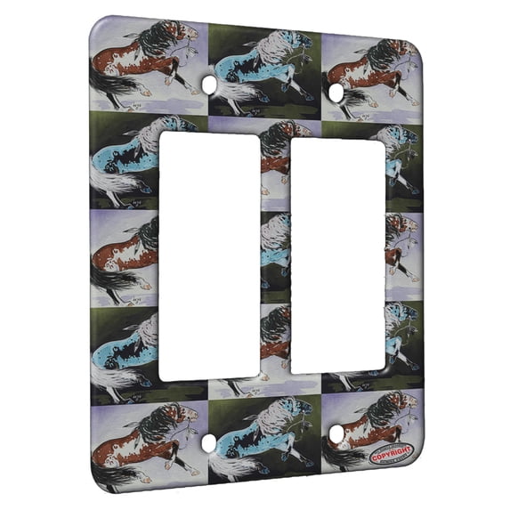KuzmarK™ 2 Gang Rocker Wall Plate - Bay Overo Pinto Indian War Pony Horse Pattern Art by Denise Every