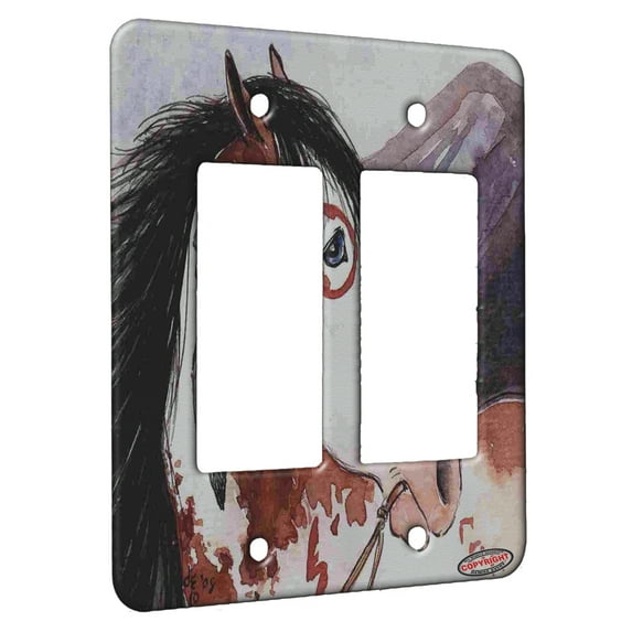 KuzmarK™ 2 Gang Rocker Wall Plate - Bay Pinto Indian War Pony Horse Art by Denise Every