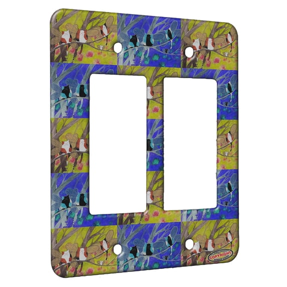 KuzmarK™ 2 Gang Rocker Wall Plate - Calico Kitty and White Mouse Fairies with Redbud Trees Cat Pattern Art by Denise Every