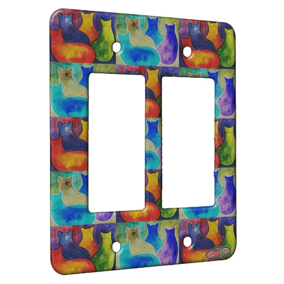 KuzmarK™ 2 Gang Rocker Wall Plate - Four Colorful Two Tone Kitties Abstract Cat Pattern Art by Denise Every