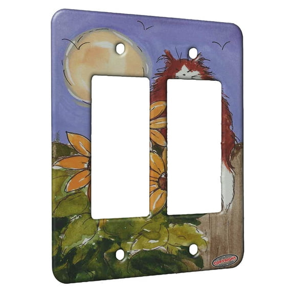 KuzmarK™ 2 Gang Rocker Wall Plate - Maine Coon Kitty with Garden Sunflowers Cat Art by Denise Every