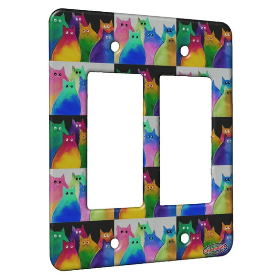 KuzmarK™ 2 Gang Rocker Wall Plate - Six Very Colorful Two Tone Kitties Abstract Cat Pattern Art by Denise Every