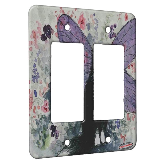 KuzmarK™ 2 Gang Rocker Wall Plate - Tuxedo Maine Coon Kitty Fairy with Lavender Wings Fantasy Cat Art by Denise Every