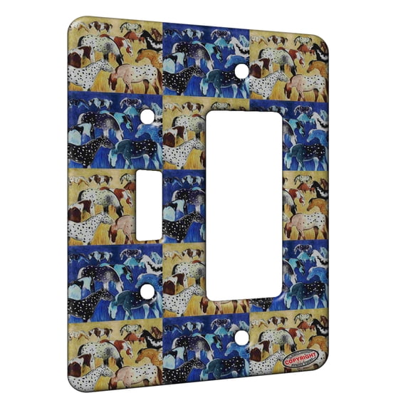 KuzmarK™ 2 Gang Single Toggle / Single Duplex Rocker Wall Plate - Appaloosa and Pinto Horses Seeing Spots Horse Pattern Art by Denise Every