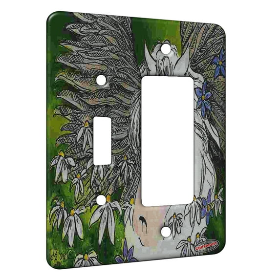KuzmarK™ 2 Gang Single Toggle / Single Duplex Rocker Wall Plate - Blue Eyed Pegasus with Daisies Fantasy Horse Art by Denise Every