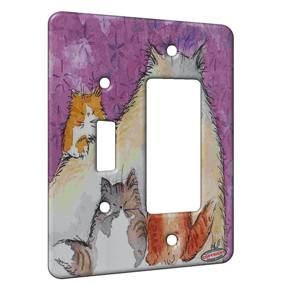 KuzmarK™ 2 Gang Single Toggle / Single Duplex Rocker Wall Plate - Maine Coon Kitty Family Mama and Kittens Abstract Cat Art by Denise Every