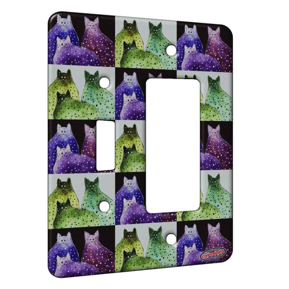 KuzmarK™ 2 Gang Single Toggle / Single Duplex Rocker Wall Plate - Polka Dot Kitties in Purple and Blue Abstract Cat Pattern Art by Denise Every