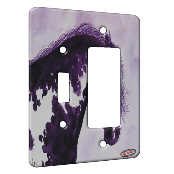 KuzmarK™ 2 Gang Single Toggle / Single Duplex Rocker Wall Plate - Purple Pinto Mustang Abstract Horse Art by Denise Every