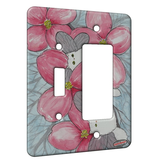 KuzmarK™ 2 Gang Single Toggle / Single Duplex Rocker Wall Plate - Silver Chincilla Persian Kitty Fairies with Pink Dogwood Fantasy Cat Art by Denise Every