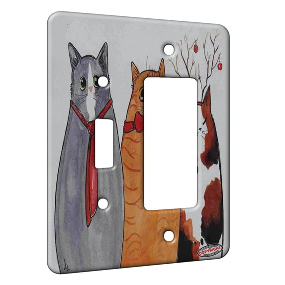KuzmarK™ 2 Gang Single Toggle / Single Duplex Rocker Wall Plate - Three Christmas Kitties Cat Art by Denise Every