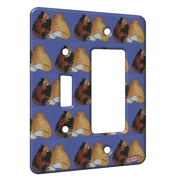 KuzmarK™ 2 Gang Single Toggle / Single Duplex Rocker Wall Plate - Tortiseshell and Tabby Maine Coon Kitties on Periwinkle Cat Modern Art by Denise Every