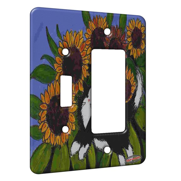 KuzmarK™ 2 Gang Single Toggle / Single Duplex Rocker Wall Plate - Tuxedo Maine Coon Kitty Fairy with Sunflowers Fantasy Cat Art by Denise Every