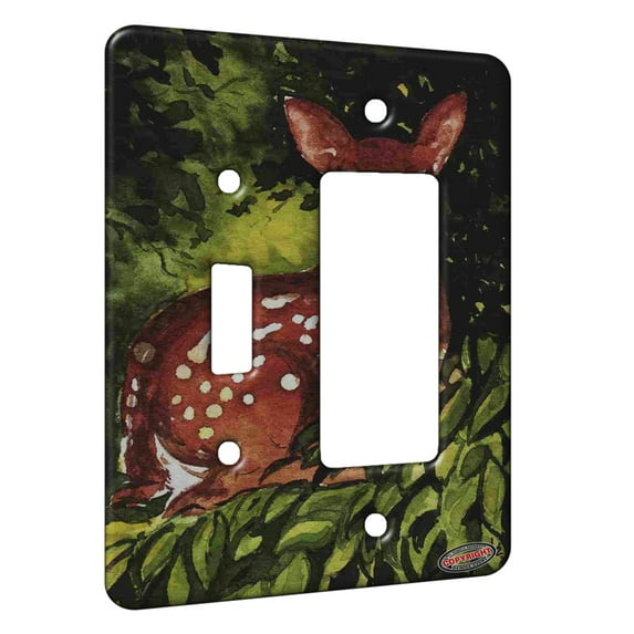 KuzmarK™ 2 Gang Single Toggle / Single Duplex Rocker Wall Plate - Whitetail Deer Fawn in Hiding Wildlife Art by Denise Every