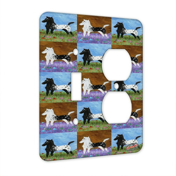 KuzmarK™ 2 Gang Single Toggle / Single Duplex Wall Plate - Black Blanket Appaloosa Foal with Wildflowers Horse Pattern Art by Denise Every