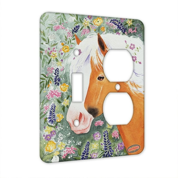 KuzmarK™ 2 Gang Single Toggle / Single Duplex Wall Plate - Palomino Welsh Pony with Welsh Wildflowers Horse Art by Denise Every