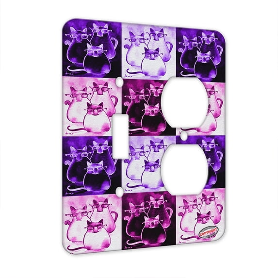 KuzmarK™ 2 Gang Single Toggle / Single Duplex Wall Plate - Three Incognito Siamese Kitties Abstract Cat Pink Pattern Art by Denise Every