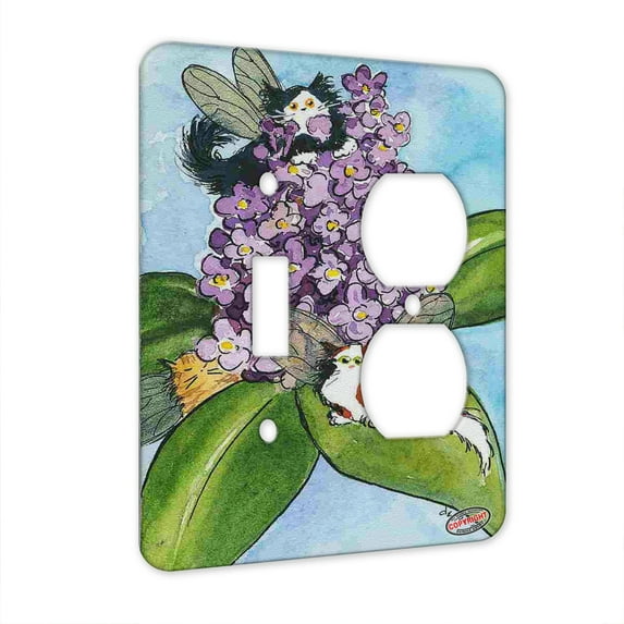 KuzmarK™ 2 Gang Single Toggle / Single Duplex Wall Plate - Tiny Kittie Fairies with Lilacs Fantasy Fairy Cat Art by Denise Every