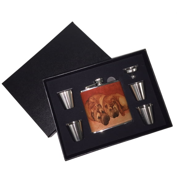 KuzmarK 6 oz. Leather Flask Set in Black Presentation Box - Chinese Shar-Pei Mother and Daughter Art by Denise Every
