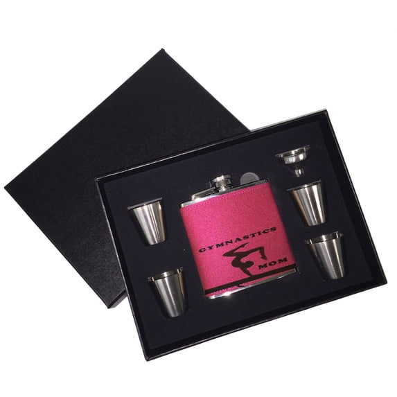 KuzmarK 6 oz. Leather Flask Set in Black Presentation Box - Gymnastics Mom
