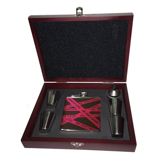 KuzmarK 6 oz. Leather Flask Set in Rose Wood Presentation Box - Police Line Do Not Cross