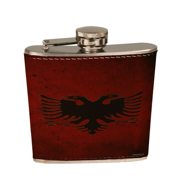 KuzmarK 6 oz. Leather Pocket Hip Liquor Flask - Albanian Flag Modern
