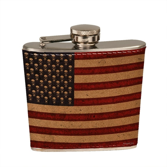 KuzmarK 6 oz. Leather Pocket Hip Liquor Flask - American Flag Pop Art Skulls