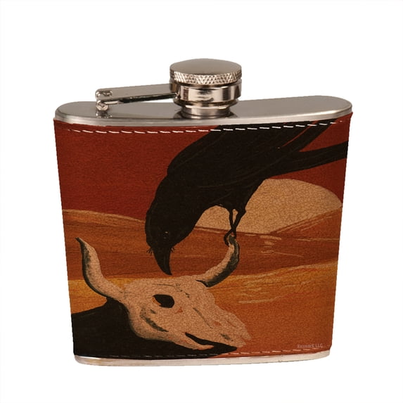 KuzmarK 6 oz. Leather Pocket Hip Liquor Flask - Raven & Cow Skull with Full Moon Surrealism Art by Denise Every