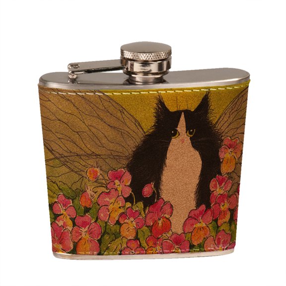 KuzmarK 6 oz. Leather Pocket Hip Liquor Flask - Tuxedo Maine Coon Kitty Fairy with Pansies Cat Art by Denise Every