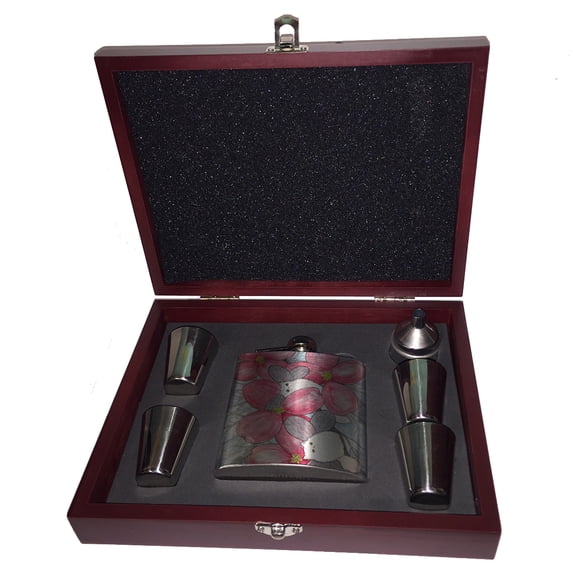 KuzmarK 6 oz. Stainless Steel Flask Set in Rose Wood Presentation Box - Silver Chincilla Persian Kitty Fairies with Pink Dogwood Fantasy Cat Art by Denise Every
