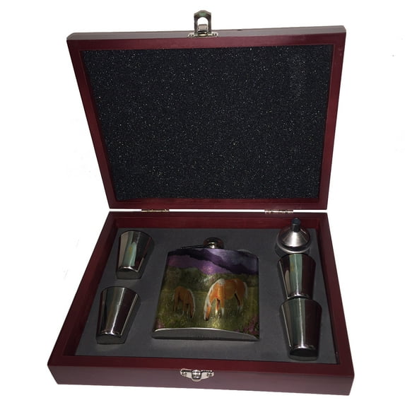 KuzmarK 6 oz. Stainless Steel Flask Set in Rose Wood Presentation Box - Belgian Mare and Foal High Valley Spring Horse Art by Denise Every