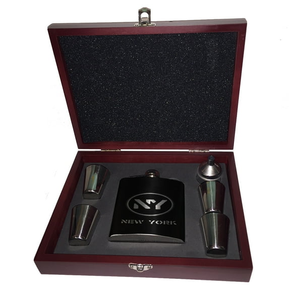 KuzmarK 6 oz. Stainless Steel Flask Set in Rose Wood Presentation Box - New York