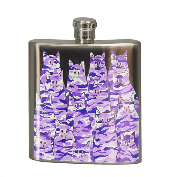 KuzmarK 6 oz. Stainless Steel Pocket Hip Liquor Flask - Purple Camo Camouflage Kitties Abstract Cat Art by Denise Every