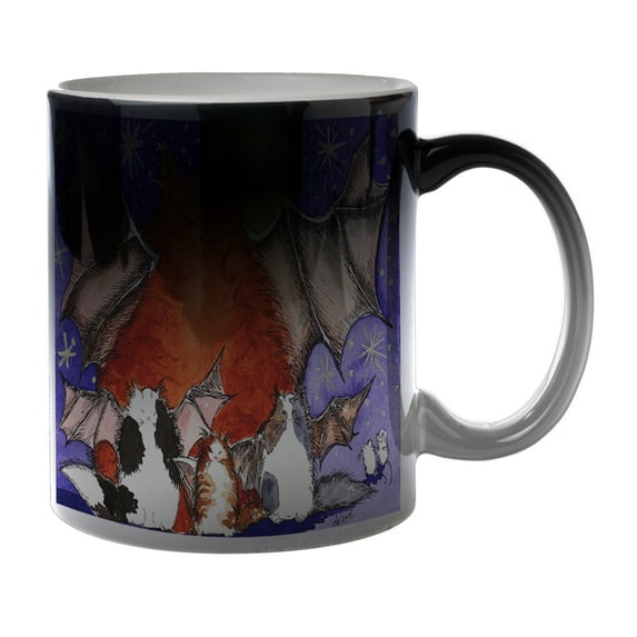 KuzmarK Black Heat Morph Color Changing Coffee Cup Mug 11 Ounce - Batty Kitty Family & Full Moon Halloween Cat Art by Denise Every