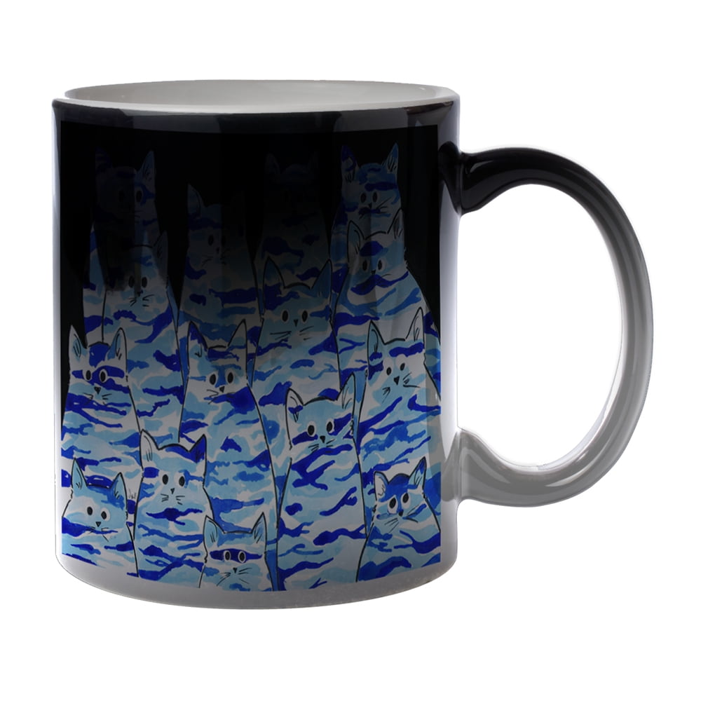 KuzmarK Black Heat Morph Color Changing Coffee Cup Mug 11 Ounce - Blue Camo Camouflage Kitties Abstract Cat Art by Denise Every