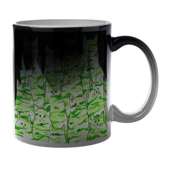KuzmarK Black Heat Morph Color Changing Coffee Cup Mug 11 Ounce - Green Camo Camouflage Kitties Abstract Cat Art by Denise Every